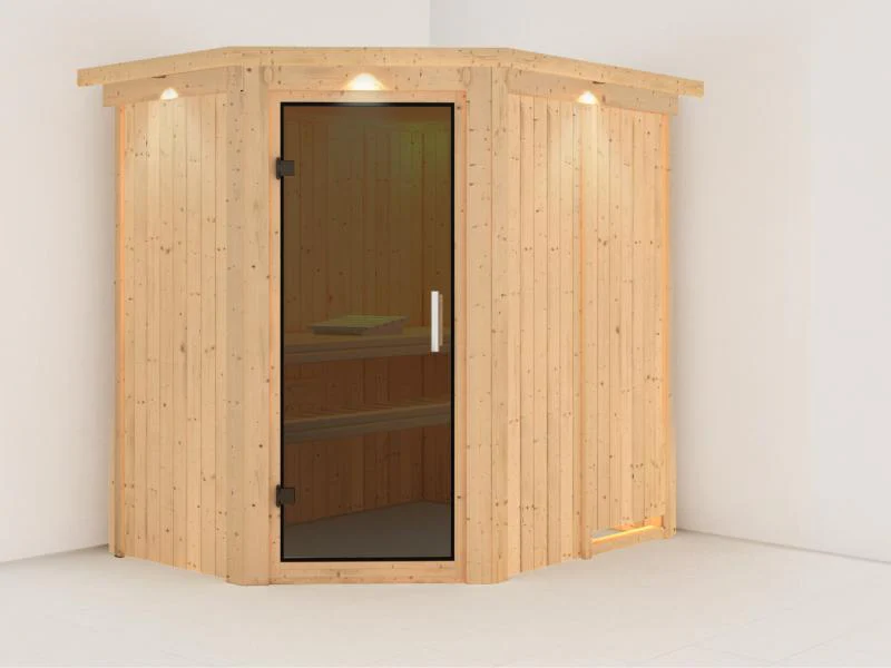 Karibu Sauna Carin ohne Ofen, mit Dachkranz, mit moderner Saunatür - Image 4
