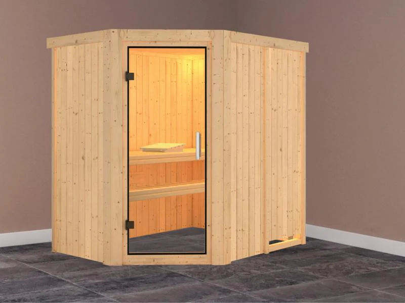 Karibu Sauna Carin ohne Ofen, ohne Dachkranz, mit Klarglas Ganzglastür - Image 2