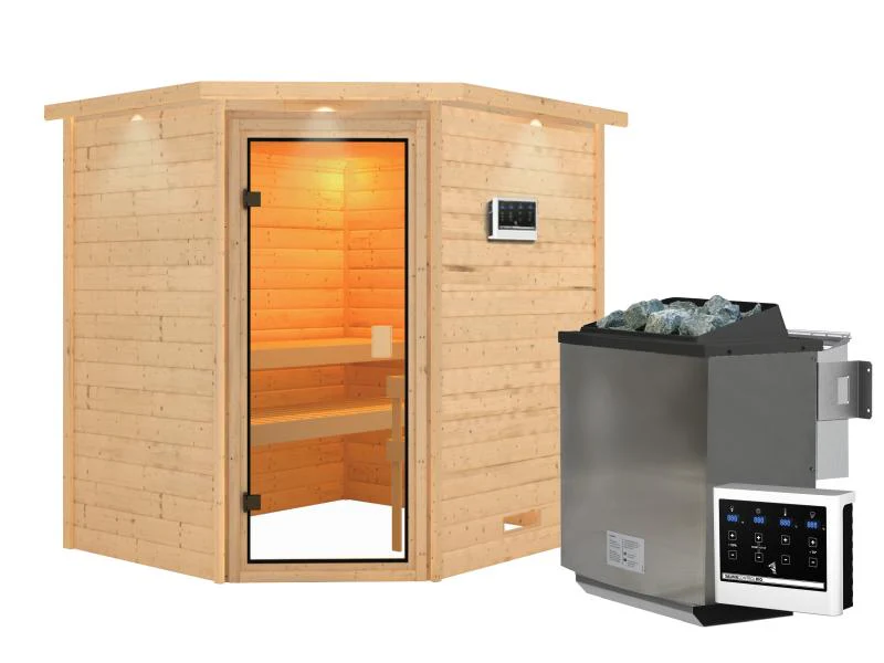 Karibu Sauna Elea inkl. 9 kW Bioofen ext. Steuerung mit klassischer Saunatür -mit Dachkranz- - Image 2