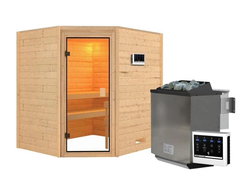 Karibu Sauna Elea inkl. 9 kW Bioofen ext. Steuerung mit klassischer Saunatür -ohne Dachkranz- - Image 2
