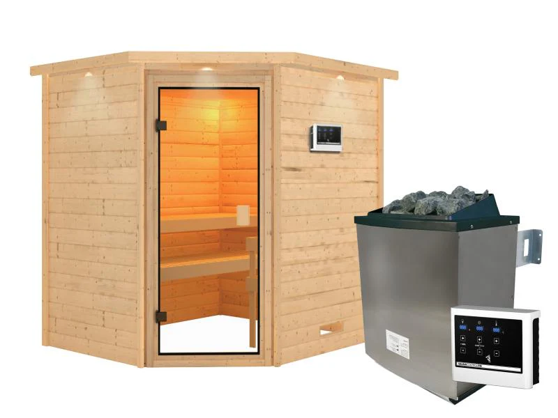 Karibu Sauna Elea inkl. 9 kW Ofen ext. Steuerung mit klassischer Saunatür -mit Dachkranz- - Image 2