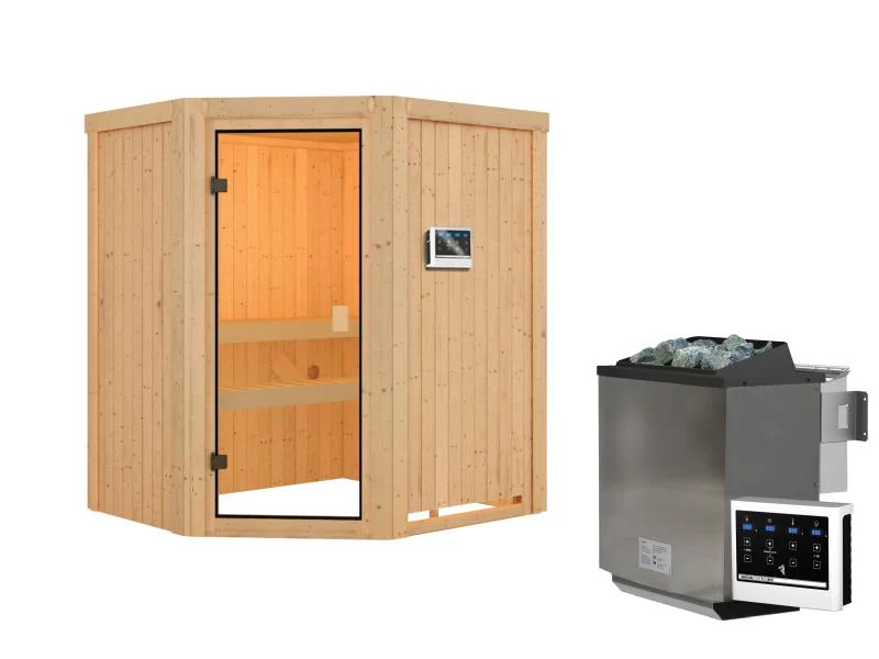 Karibu Sauna Faurin inkl. 9 kW Bioofen ext. Steuerung mit klassischer Saunatür -ohne Dachkranz- - Image 2