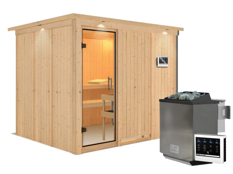 Karibu Sauna Gobin inkl. 9 kW Bio Ofen mit ext. Steuerung, mit Dachkranz, mit Klarglas Ganzglastür - Image 2