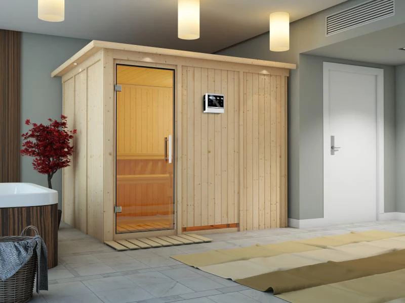 Karibu Sauna Gobin inkl. 9 kW Bio Ofen mit ext. Steuerung, mit Dachkranz, mit Klarglas Ganzglastür - Image 4