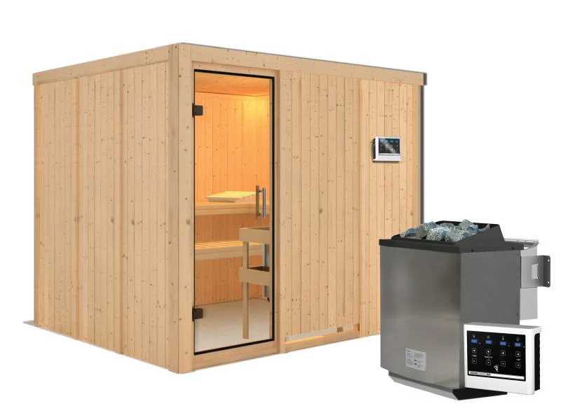 Karibu Sauna Gobin inkl. 9 kW Bio Ofen mit ext. Steuerung, ohne Dachkranz, mit Klarglas Ganzglastür - Image 2