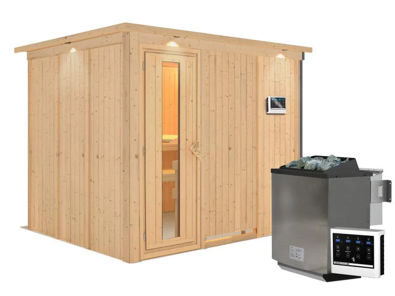 Karibu Sauna Gobin inkl. 9-kW-Bioofen mit externer Steuerung, mit Dachkranz, mit energiesparender Sa - Image 2