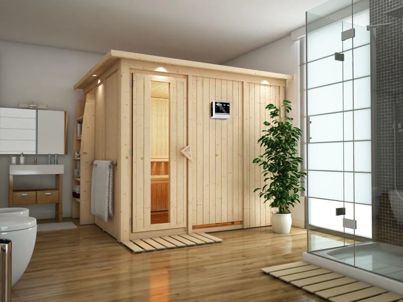 Karibu Sauna Gobin inkl. 9-kW-Bioofen mit externer Steuerung, mit Dachkranz, mit energiesparender Sa - Image 4
