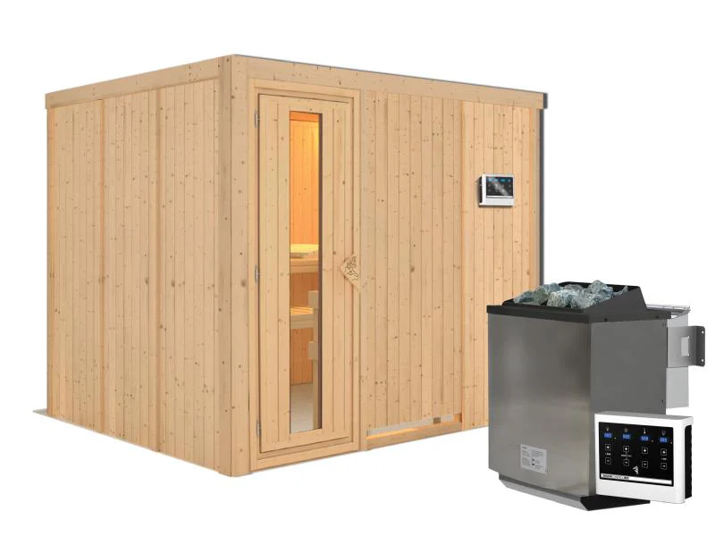 Karibu Sauna Gobin inkl. 9-kW-Bioofen mit externer Steuerung, ohne Dachkranz, mit energiesparender S - Image 2