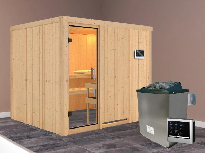 Karibu Sauna Gobin inkl. 9 kW Ofen mit ext. Steuerung, ohne Dachkranz, mit Klarglas Ganzglastür - Image 2