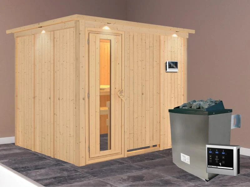 Karibu Sauna Gobin inkl. 9-kW-Ofen mit externer Steuerung, mit Dachkranz, mit energiesparender Sauna - Image 2
