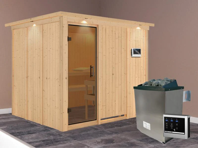 Karibu Sauna Gobin inkl. 9-kW-Ofen mit externer Steuerung, mit Dachkranz, mit moderner Saunatür - Image 2