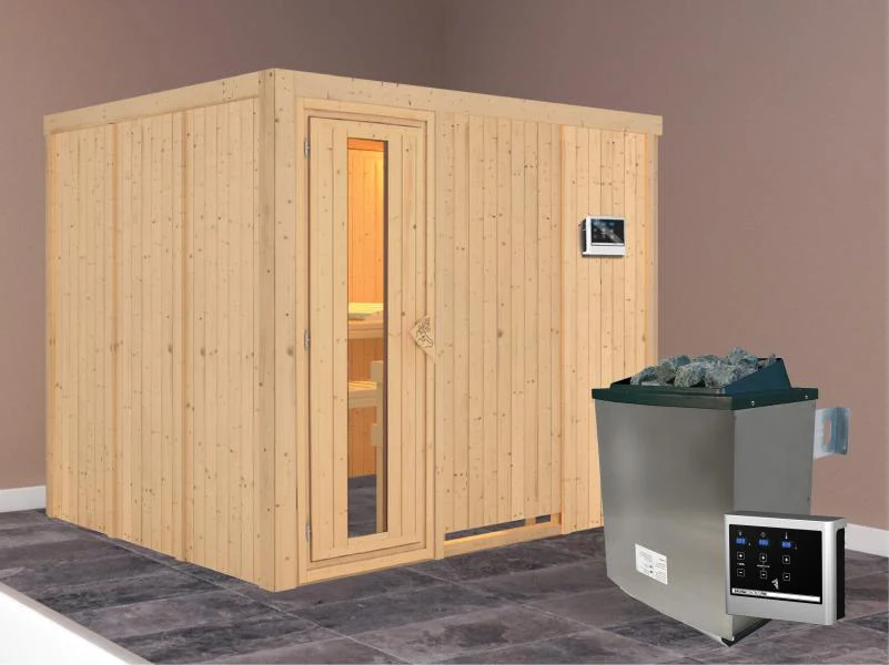 Karibu Sauna Gobin inkl. 9-kW-Ofen mit externer Steuerung, ohne Dachkranz, mit energiesparender Saun - Image 2