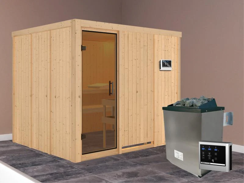 Karibu Sauna Gobin inkl. 9-kW-Ofen mit externer Steuerung, ohne Dachkranz, mit moderner Saunatür - Image 2