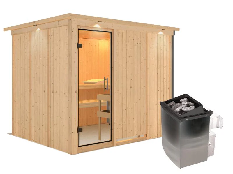 Karibu Sauna Gobin inkl. 9 kW Ofen mit int. Steuerung, mit Dachkranz, mit Klarglas Ganzglastür - Image 2