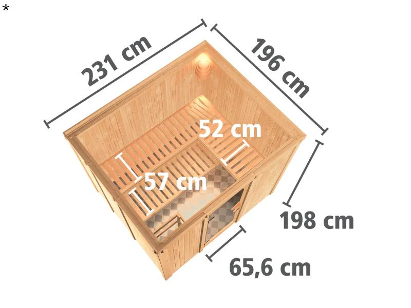 Karibu Sauna Gobin inkl. 9 kW Ofen mit int. Steuerung, ohne Dachkranz, mit Klarglas Ganzglastür - Image 3