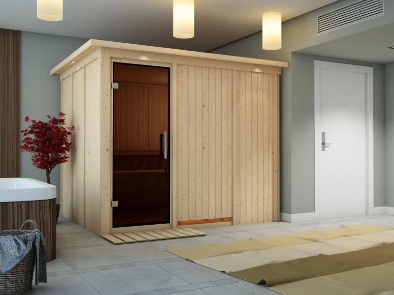 Karibu Sauna Gobin inkl. 9-kW-Ofen mit interner Steuerung, mit Dachkranz, mit moderner Saunatür - Image 4
