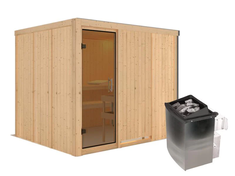 Karibu Sauna Gobin inkl. 9-kW-Ofen mit interner Steuerung, ohne Dachkranz, mit moderner Saunatür - Image 2