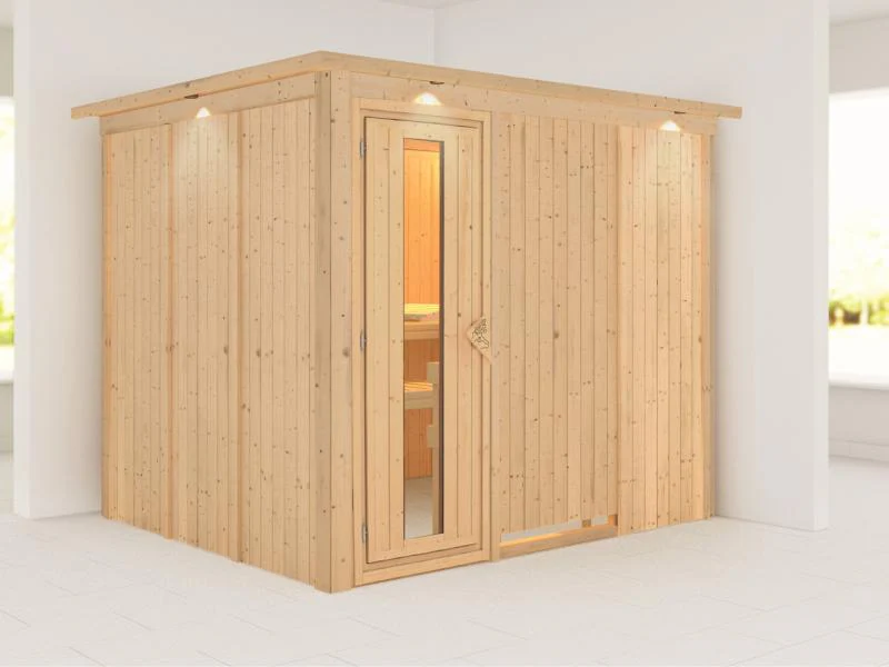 Karibu Sauna Gobin ohne Ofen, mit Dachkranz, mit energiesparender Saunatür
