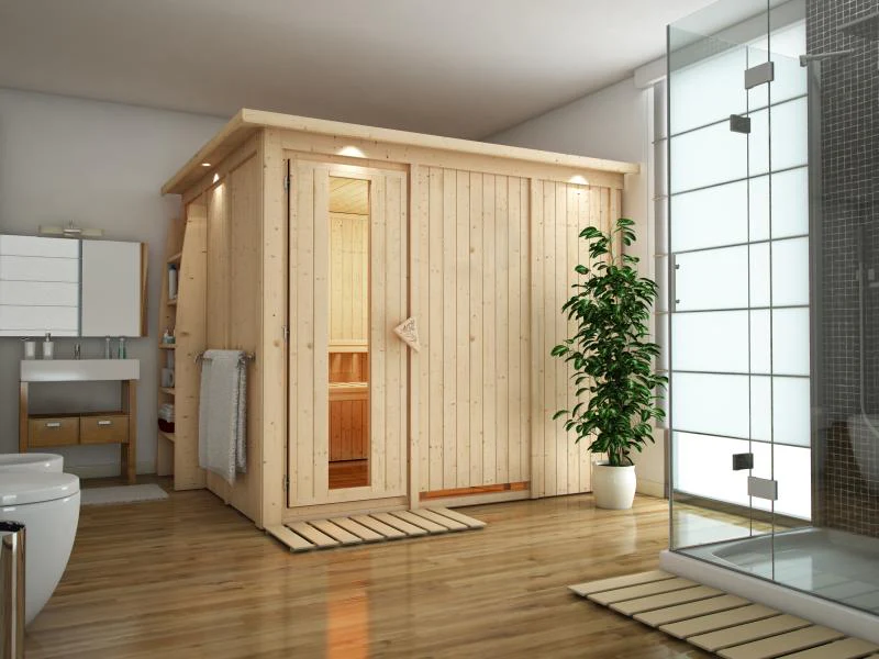 Karibu Sauna Gobin ohne Ofen, mit Dachkranz, mit energiesparender Saunatür - Image 4