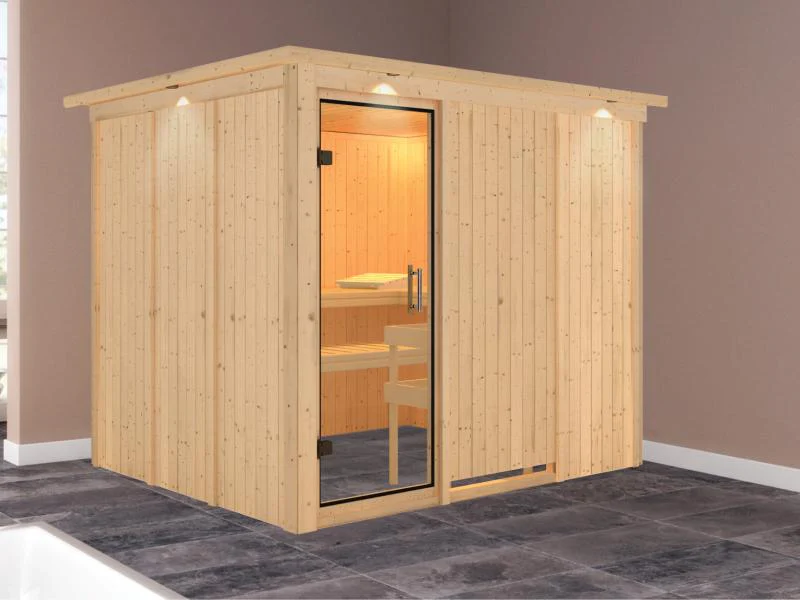 Karibu Sauna Gobin ohne Ofen, mit Dachkranz, mit Klarglas Ganzglastür - Image 2