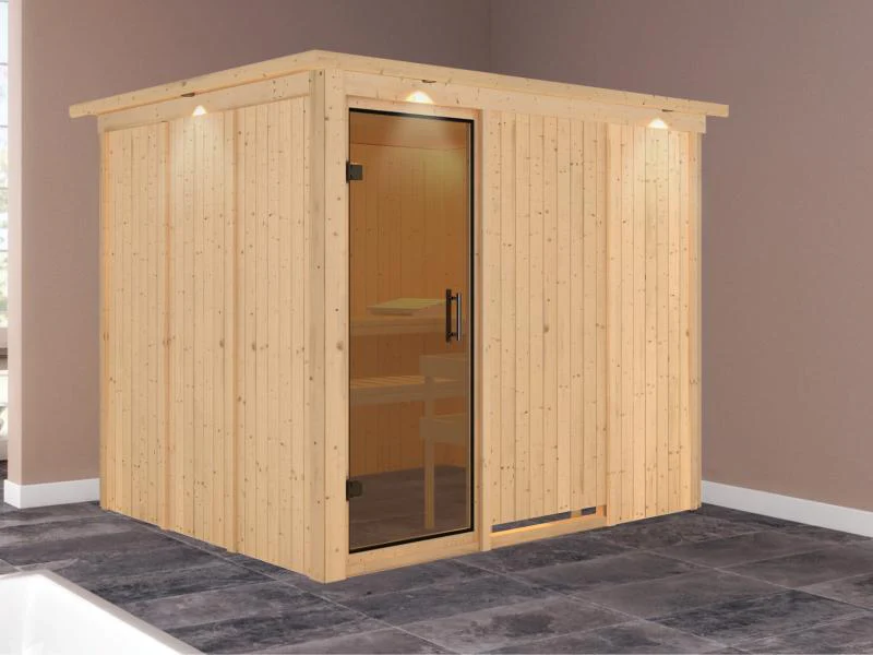Karibu Sauna Gobin ohne Ofen, mit Dachkranz, mit moderner Saunatür - Image 2
