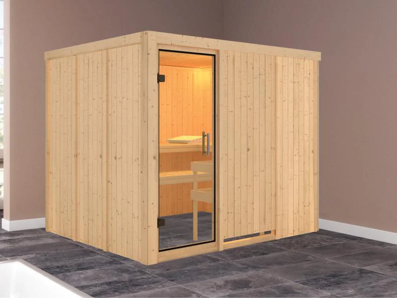 Karibu Sauna Gobin ohne Ofen, ohne Dachkranz, mit Klarglas Ganzglastür - Image 2