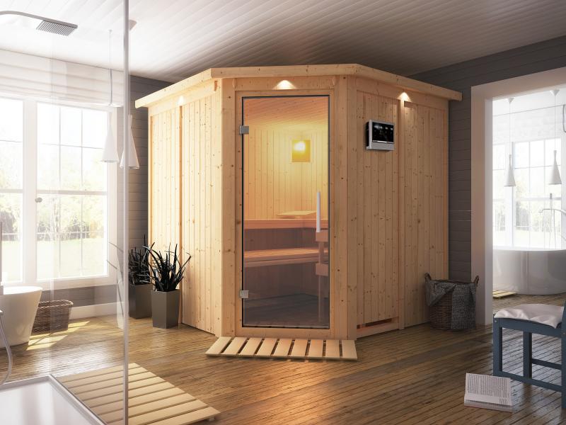 Karibu Sauna Jarin inkl. 9 kW Bio Ofen mit ext. Steuerung, mit Dachkranz, mit Ganzglas Klarglastür - Image 4