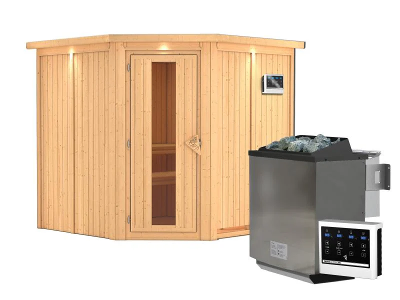 Karibu Sauna Jarin inkl. 9-kW-Bioofen mit externer Steuerung, mit Dachkranz, mit energiesparender Sa - Image 2