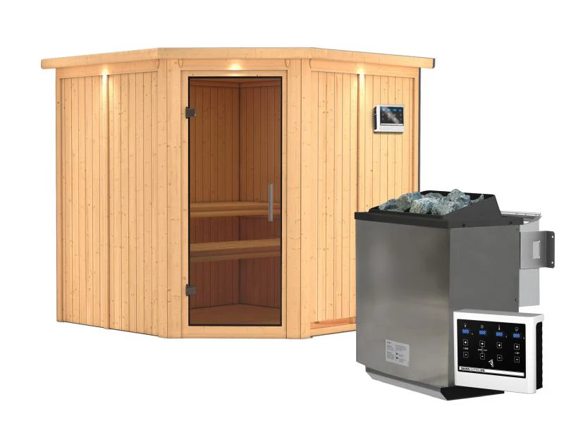 Karibu Sauna Jarin inkl. 9-kW-Bioofen mit externer Steuerung, mit Dachkranz, mit moderner Saunatür - Image 2
