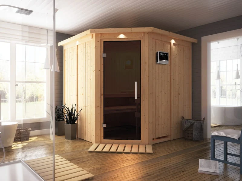 Karibu Sauna Jarin inkl. 9-kW-Bioofen mit externer Steuerung, mit Dachkranz, mit moderner Saunatür - Image 4