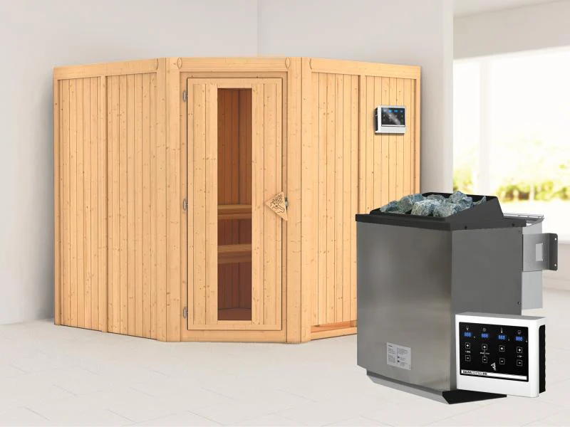 Karibu Sauna Jarin inkl. 9-kW-Bioofen mit externer Steuerung, ohne Dachkranz, mit energiesparender S