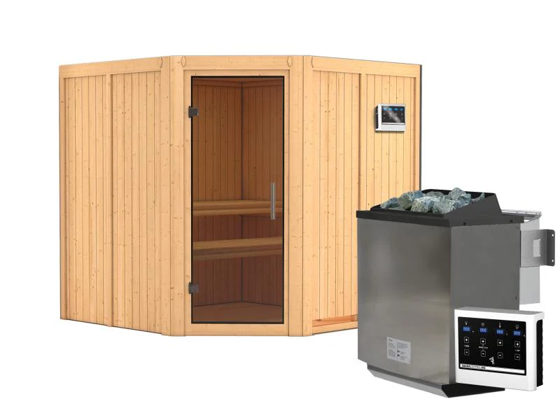 Karibu Sauna Jarin inkl. 9-kW-Bioofen mit externer Steuerung, ohne Dachkranz, mit moderner Saunatür - Image 2