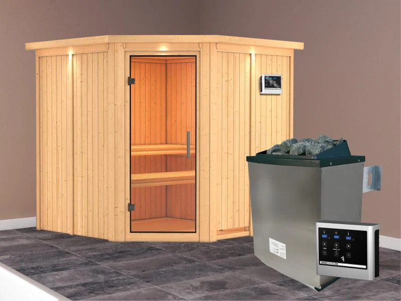 Karibu Sauna Jarin inkl. 9 kW Ofen mit ext. Steuerung, mit Dachkranz, mit Ganzglas Klarglastür - Image 2