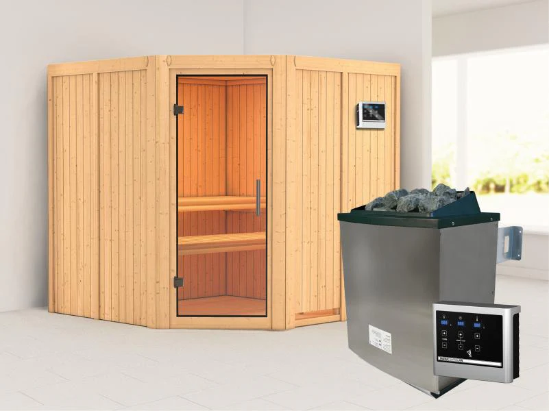Karibu Sauna Jarin inkl. 9 kW Ofen mit ext. Steuerung, ohne Dachkranz, mit Ganzglas Klarglastür