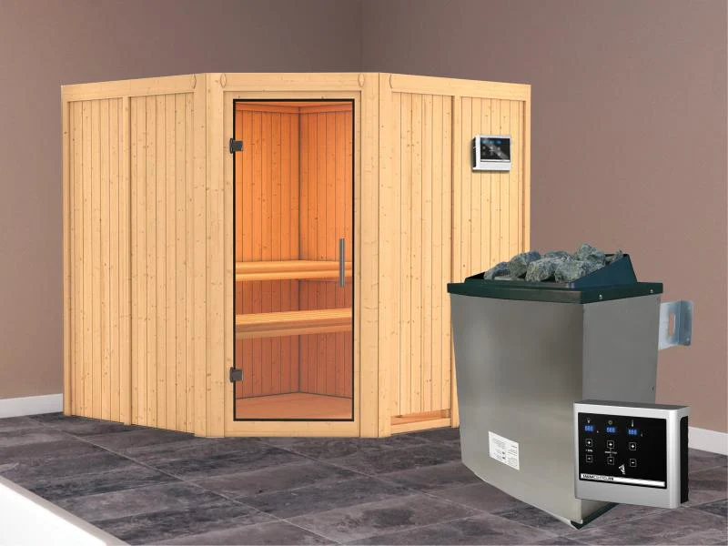 Karibu Sauna Jarin inkl. 9 kW Ofen mit ext. Steuerung, ohne Dachkranz, mit Ganzglas Klarglastür - Image 2