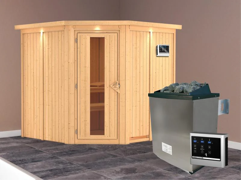 Karibu Sauna Jarin inkl. 9-kW-Ofen mit externer Steuerung, mit Dachkranz, mit energiesparender Sauna - Image 2