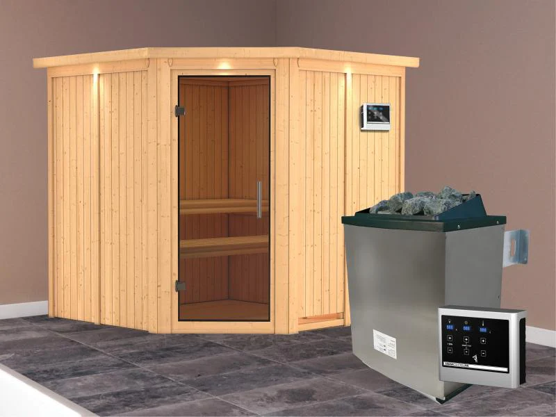 Karibu Sauna Jarin inkl. 9-kW-Ofen mit externer Steuerung, mit Dachkranz, mit moderner Saunatür - Image 2
