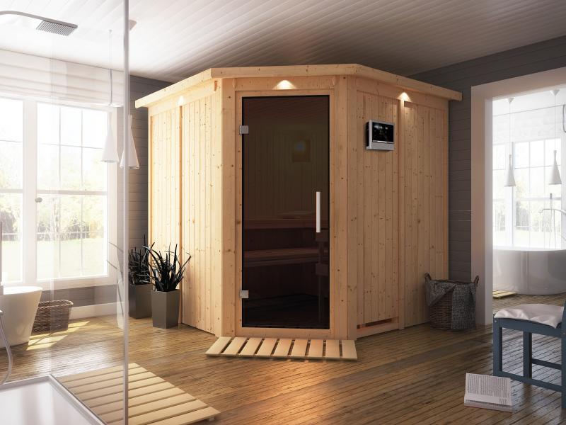 Karibu Sauna Jarin inkl. 9-kW-Ofen mit externer Steuerung, mit Dachkranz, mit moderner Saunatür - Image 4