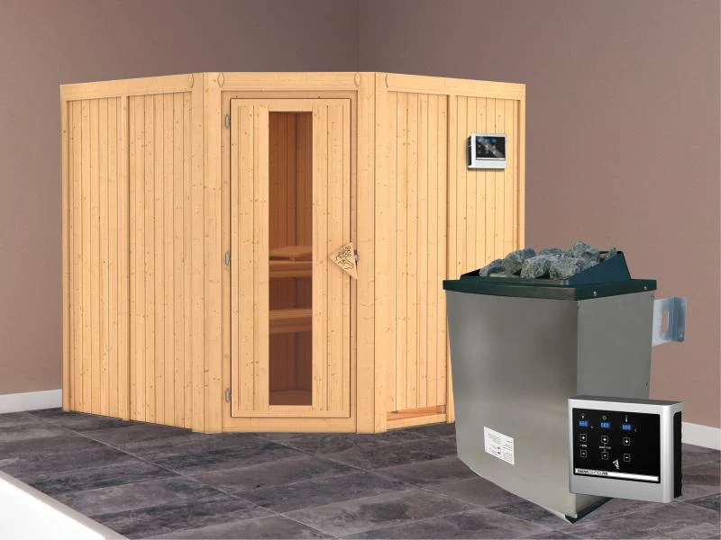 Karibu Sauna Jarin inkl. 9-kW-Ofen mit externer Steuerung, ohne Dachkranz, mit energiesparender Saun - Image 2