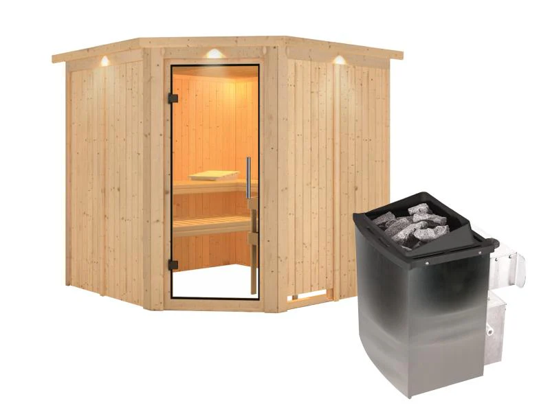 Karibu Sauna Jarin inkl. 9 kW Ofen mit int. Steuerung, mit Dachkranz, mit Ganzglas Klarglastür - Image 2
