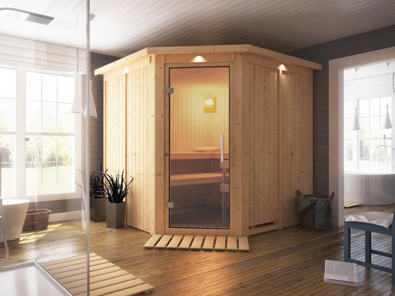Karibu Sauna Jarin inkl. 9 kW Ofen mit int. Steuerung, mit Dachkranz, mit Ganzglas Klarglastür - Image 4