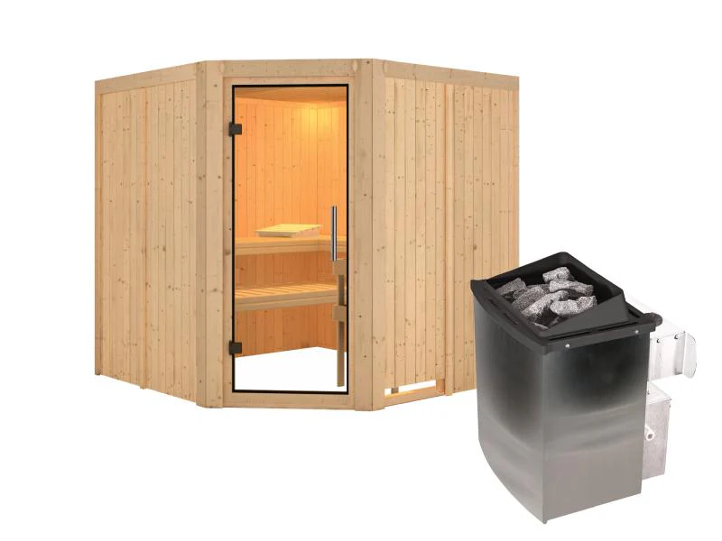 Karibu Sauna Jarin inkl. 9 kW Ofen mit int. Steuerung, ohne Dachkranz, mit Ganzglas Klarglastür - Image 2