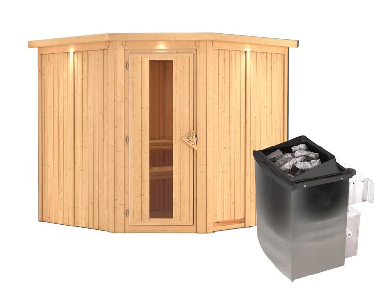 Karibu Sauna Jarin inkl. 9-kW-Ofen mit interner Steuerung, mit Dachkranz, mit energiesparender Sauna - Image 2