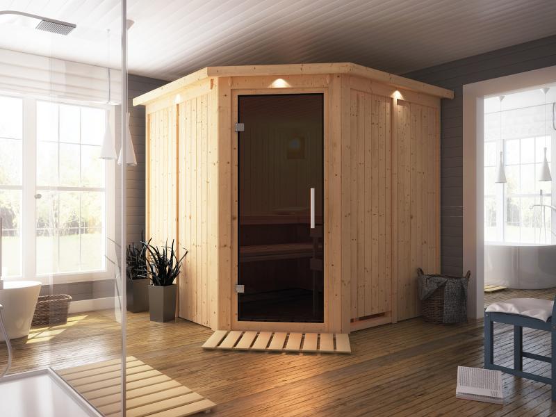Karibu Sauna Jarin inkl. 9-kW-Ofen mit interner Steuerung, mit Dachkranz, mit moderner Saunatür - Image 4