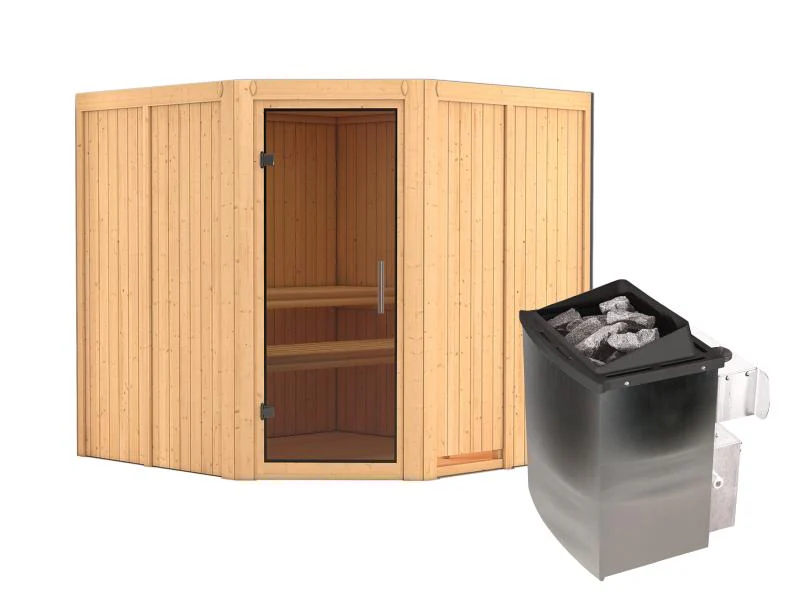 Karibu Sauna Jarin inkl. 9-kW-Ofen mit interner Steuerung, ohne Dachkranz, mit moderner Saunatür - Image 2
