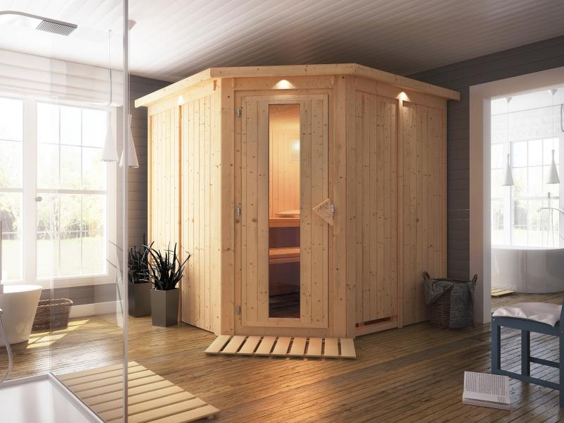 Karibu Sauna Jarin ohne Ofen, mit Dachkranz, mit energiesparender Saunatür - Image 4