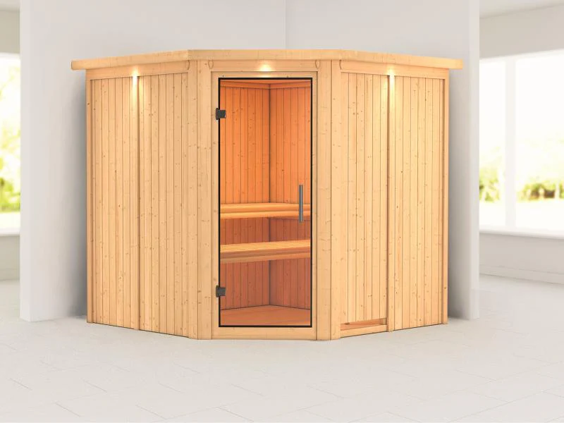 Karibu Sauna Jarin ohne Ofen, mit Dachkranz, mit Ganzglas Klarglastür - Image 4