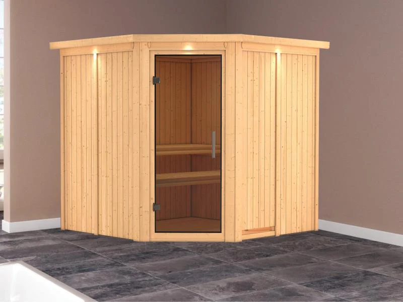 Karibu Sauna Jarin ohne Ofen, mit Dachkranz, mit moderner Saunatür - Image 2