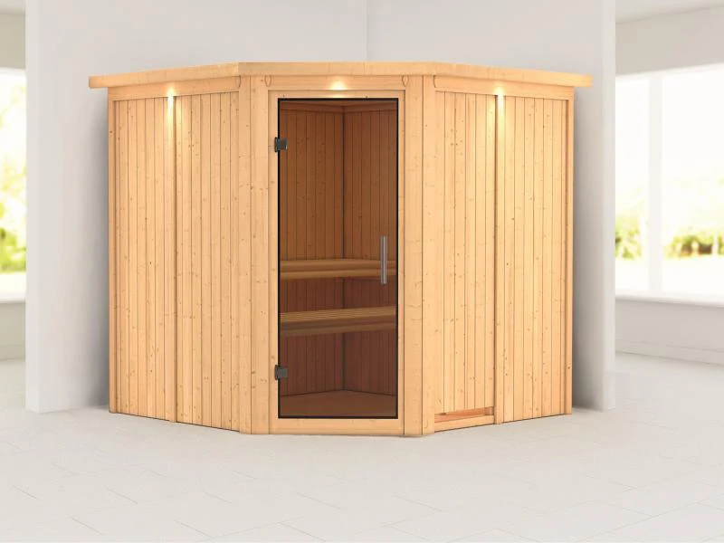 Karibu Sauna Jarin ohne Ofen, mit Dachkranz, mit moderner Saunatür - Image 4