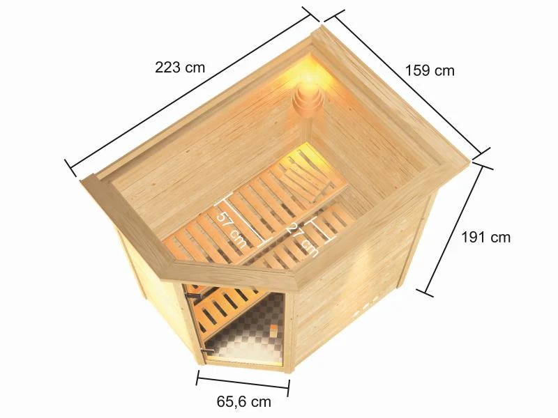 Karibu Sauna Jella inkl. 9 kW Bioofen ext. Steuerung mit klassischer Saunatür -mit Dachkranz- - Image 3